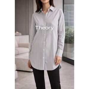 Theory Gray White Stripe Button Front Shirt Womens Size P Career Top